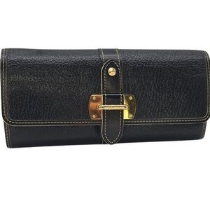 Authentic Louis Vuitton Suhali Le Favori Wallet Blackk Leather Gold Snap Large